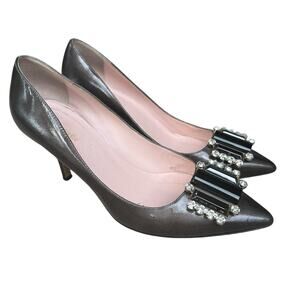 Kate Spade Rhinestone Embellished Saffiano Leather Pumps Heels Gray 6 1/2 B